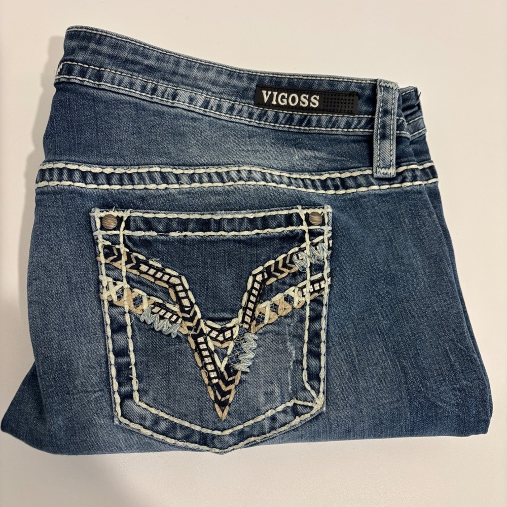 Vigoss Chelsea Boyfriend Blue Jeans Women 20 Distressed Embroidered Heritage - Picture 13 of 13